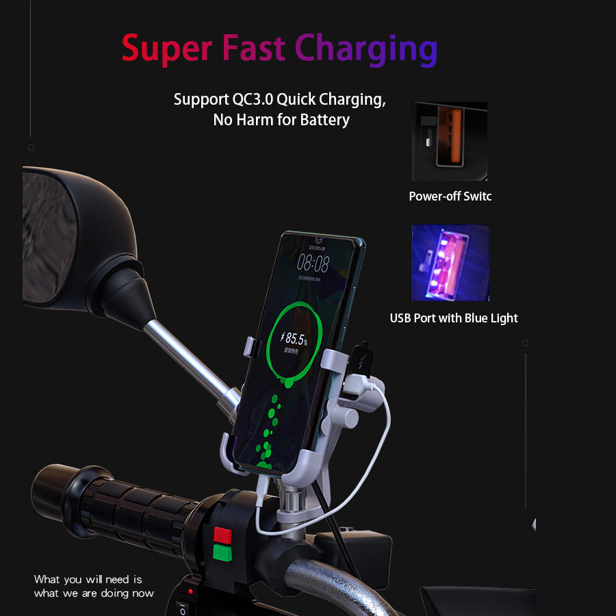 WUPP Motorcycle Handlebar Phone Holder QC3.0 Fast Charger 360 Degree Rotatable Stand Bicycle Phone Mount Bracket