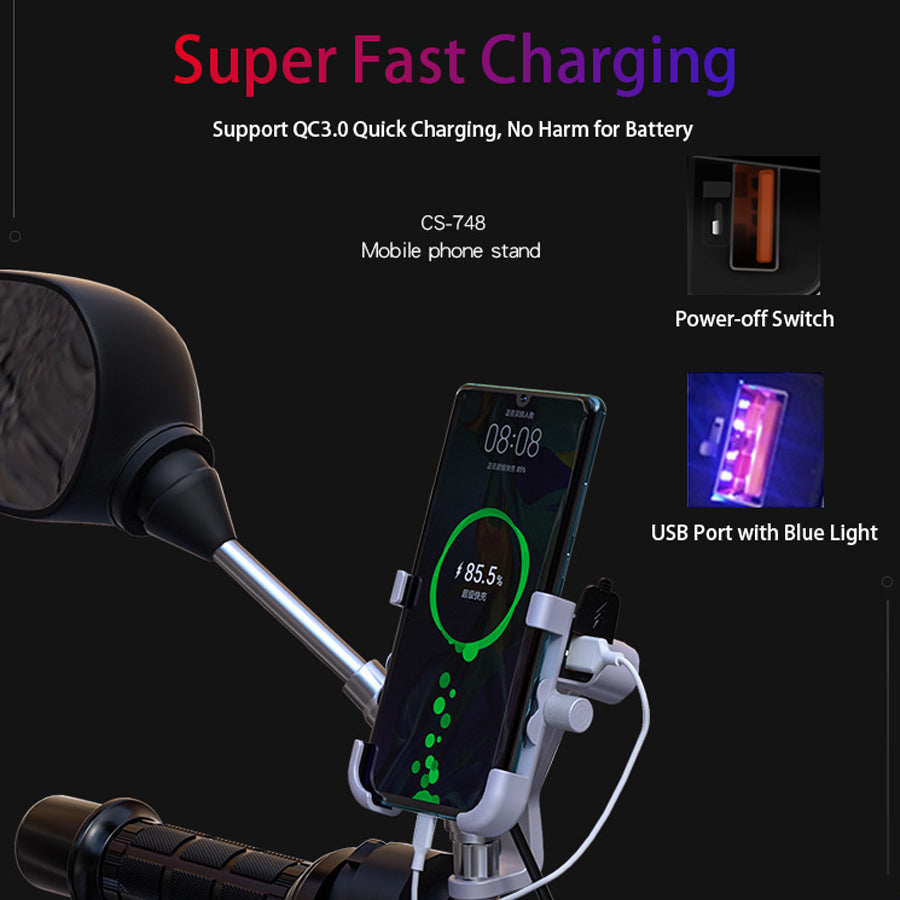 WUPP Motorcycle Mirror Rear View Mount Universal Aluminum Alloy Cell Phone Holder with Quick Charge 3.0 Fast Charger