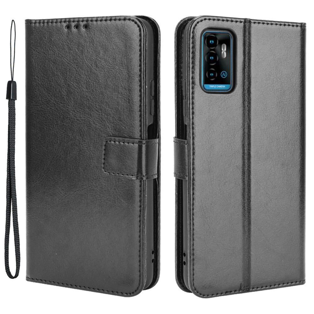 Wallet Stand Design Drop-Proof Crazy Horse Leather Shell with Strap for ZTE Blade A71