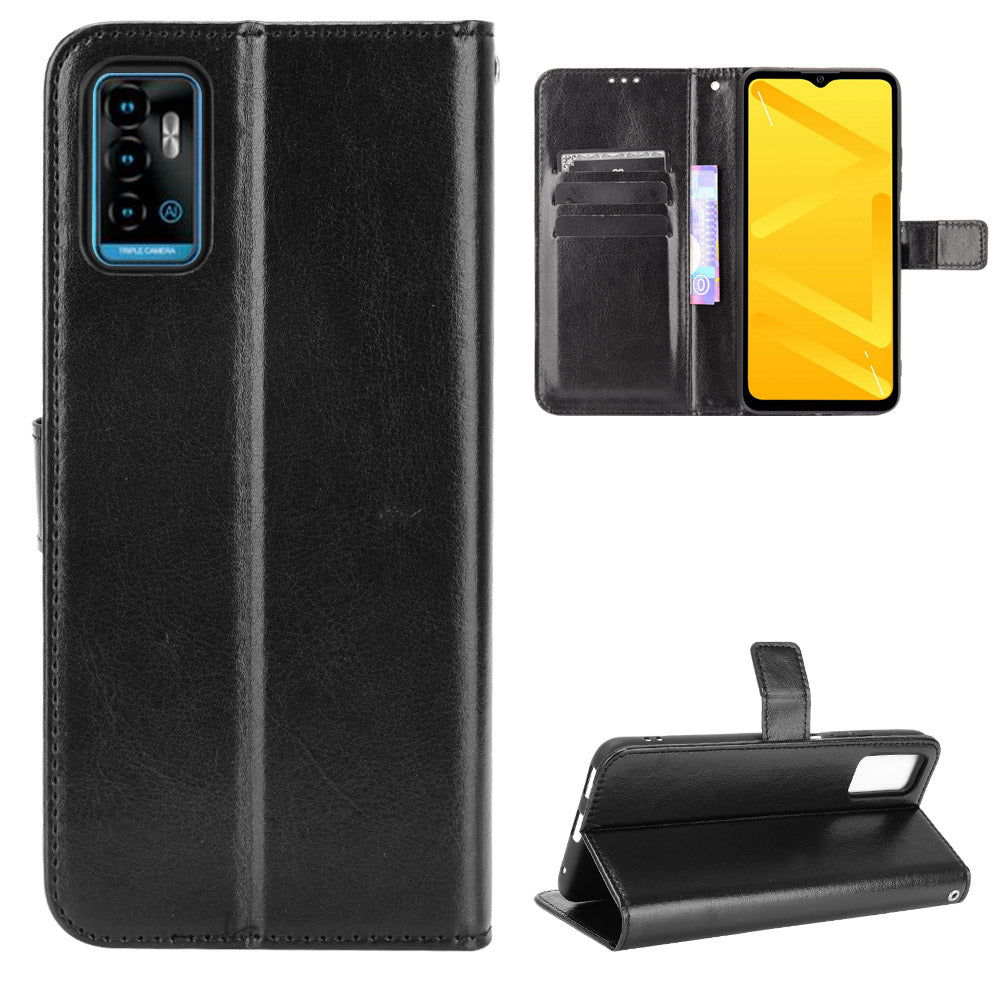 Wallet Stand Design Drop-Proof Crazy Horse Leather Shell with Strap for ZTE Blade A71