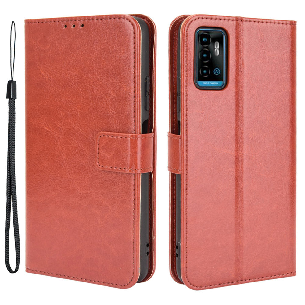 Wallet Stand Design Drop-Proof Crazy Horse Leather Shell with Strap for ZTE Blade A71