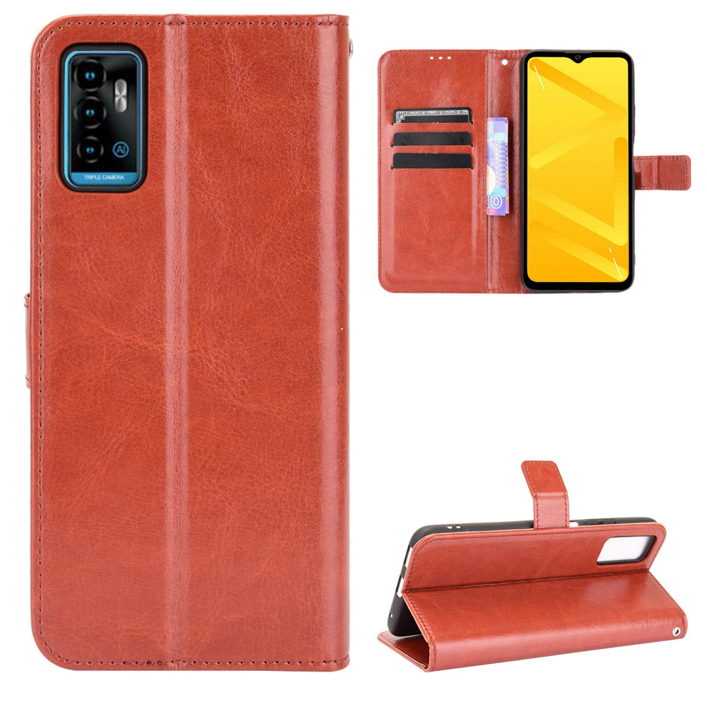 Wallet Stand Design Drop-Proof Crazy Horse Leather Shell with Strap for ZTE Blade A71