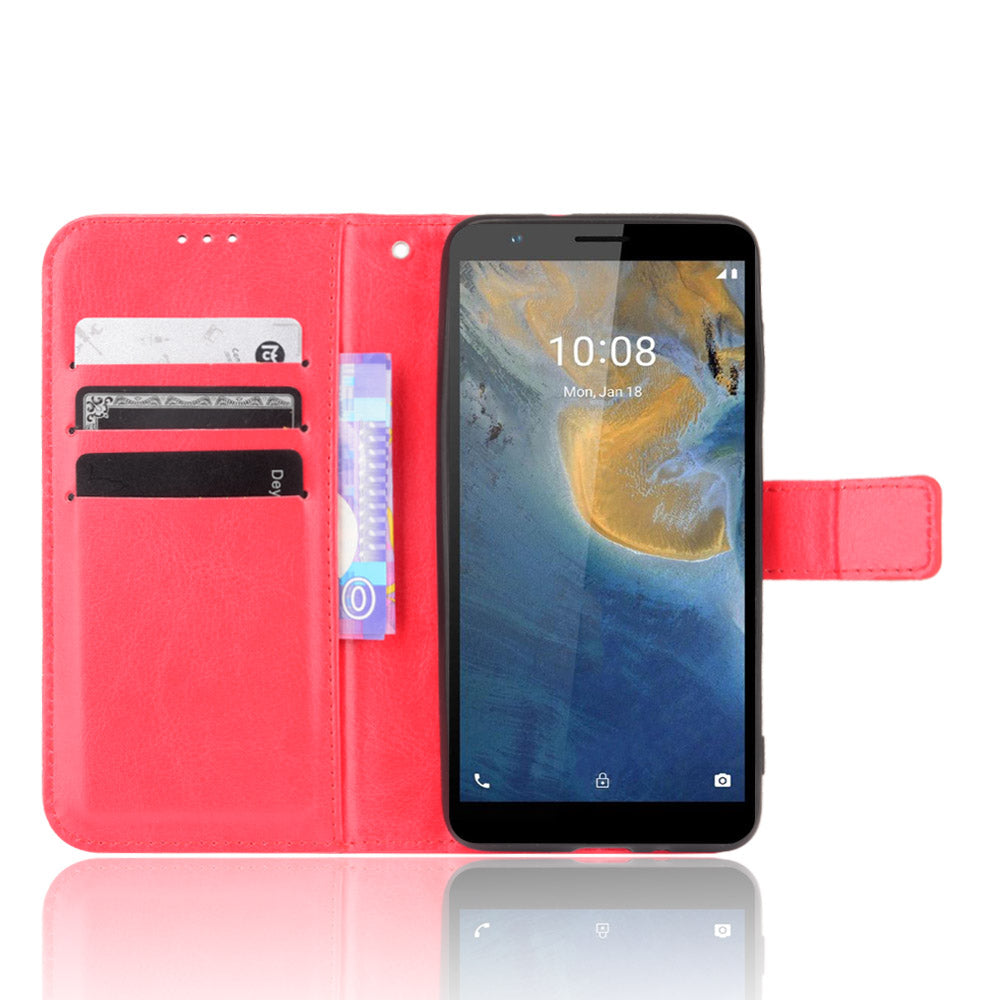 Flip Folio Stand Crazy Horse Texture PU Leather Wallet Magnetic Anti-Scratch Case with Wrist Strap for ZTE Blade A31