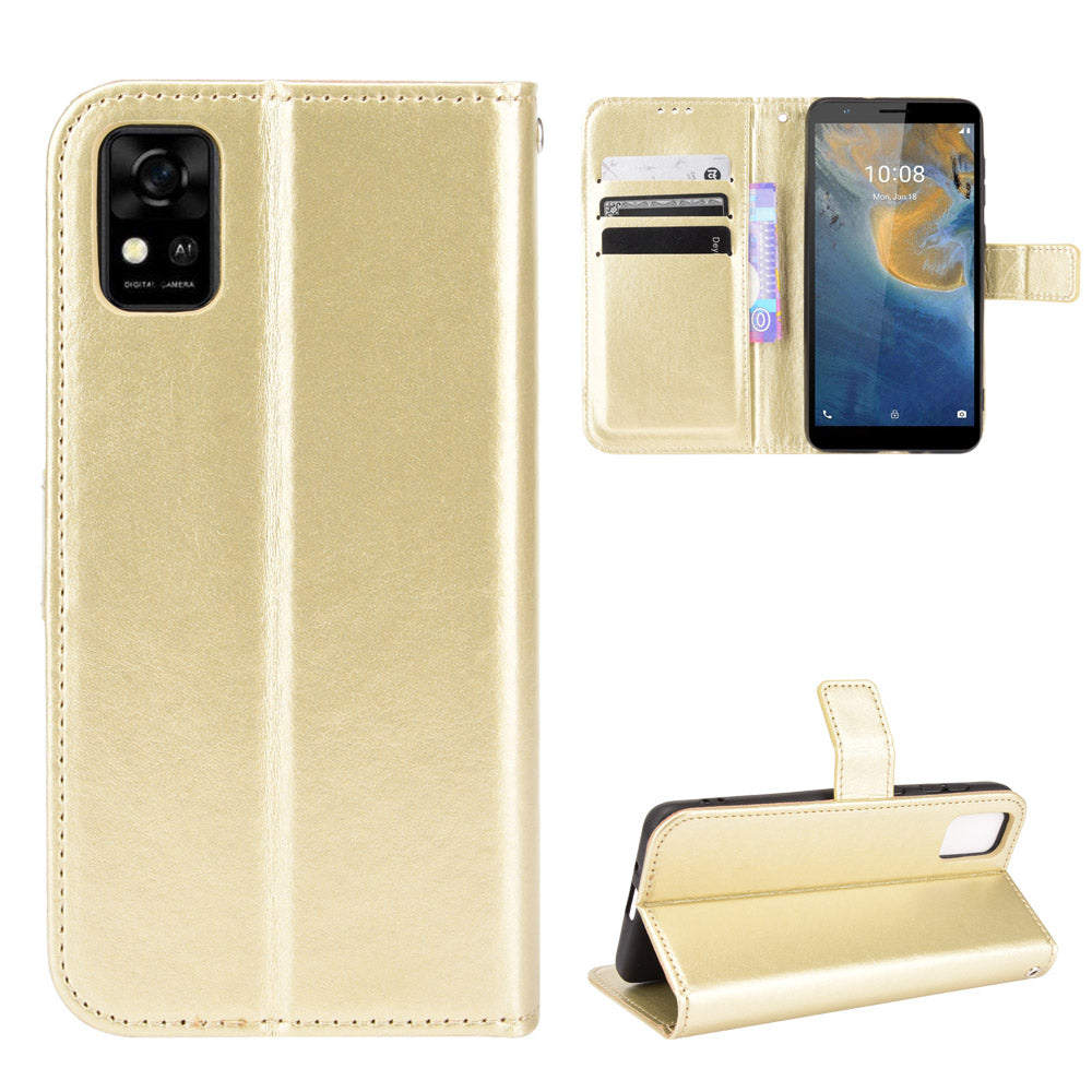 Flip Folio Stand Crazy Horse Texture PU Leather Wallet Magnetic Anti-Scratch Case with Wrist Strap for ZTE Blade A31