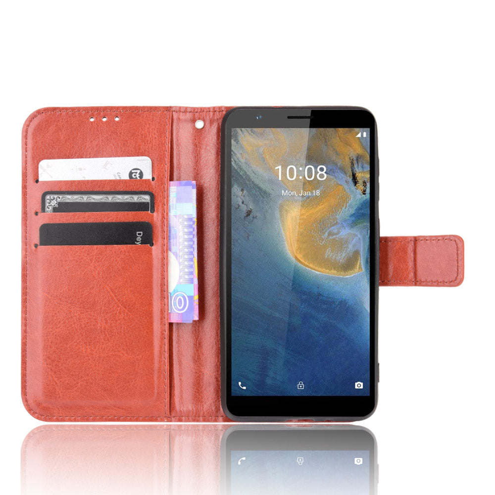 Flip Folio Stand Crazy Horse Texture PU Leather Wallet Magnetic Anti-Scratch Case with Wrist Strap for ZTE Blade A31