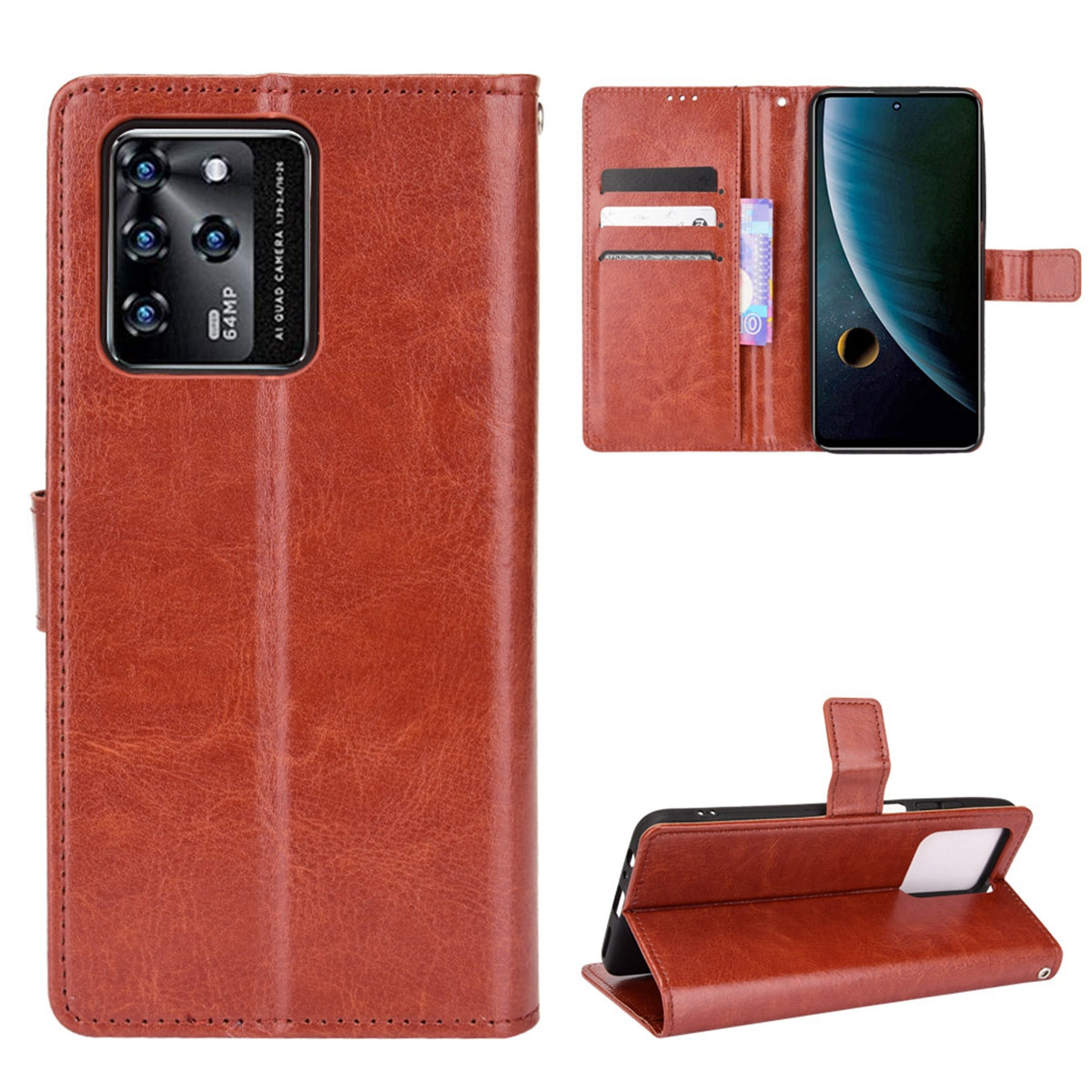 Stand Crazy Horse Texture PU Leather Flip Folio Wallet Magnetic Anti-Scratch Case with Wrist Strap for ZTE Blade V30