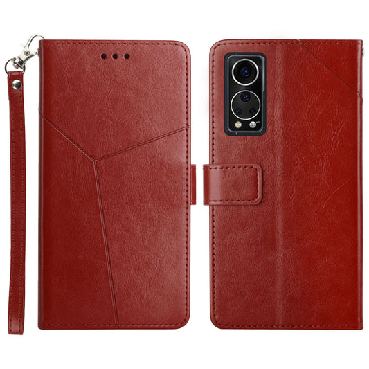 Y-shaped Lines Imprinted PU Leather Wallet Phone Case Stand Flip Protective Cover with Strap for ZTE Axon 30 5G