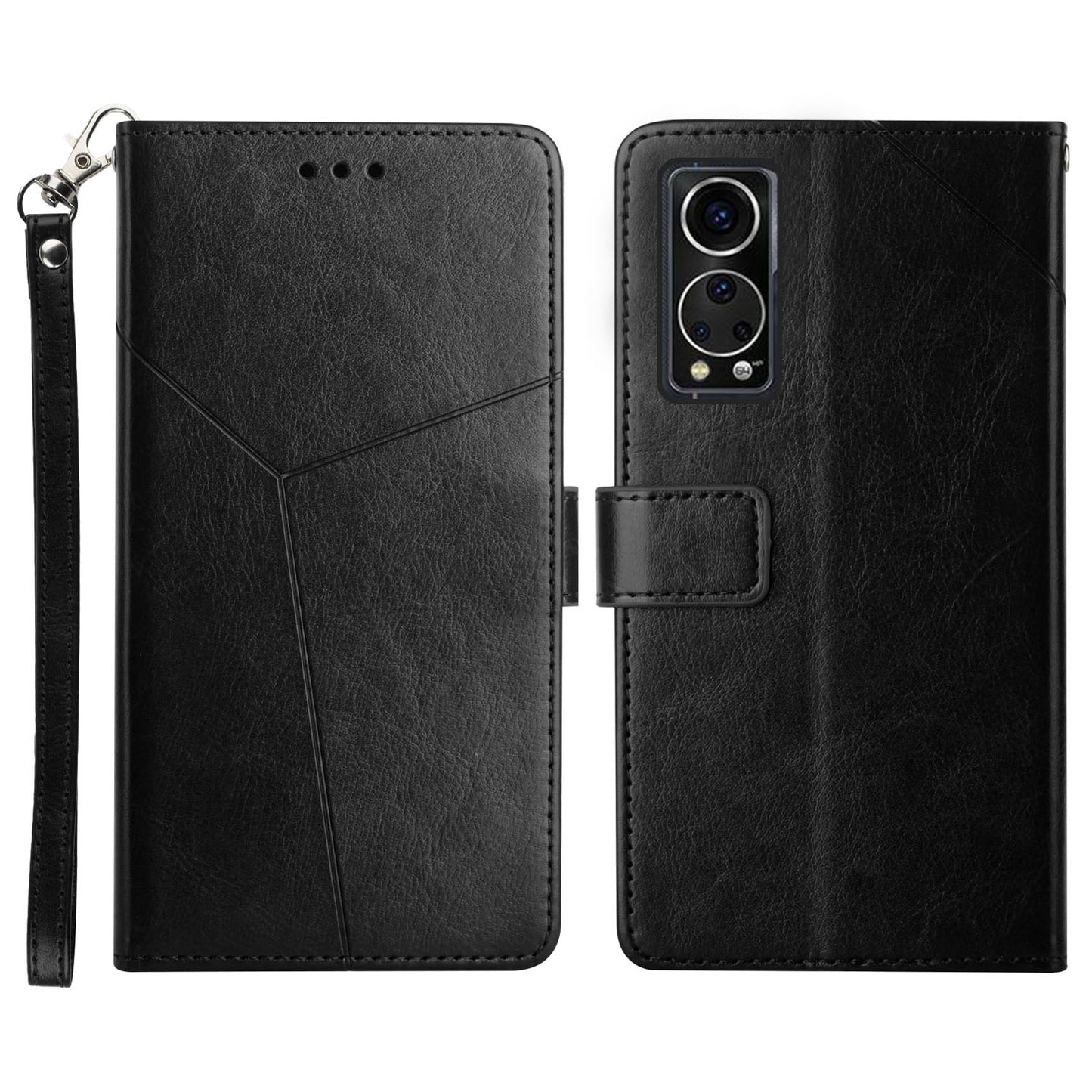 Y-shaped Lines Imprinted PU Leather Wallet Phone Case Stand Flip Protective Cover with Strap for ZTE Axon 30 5G