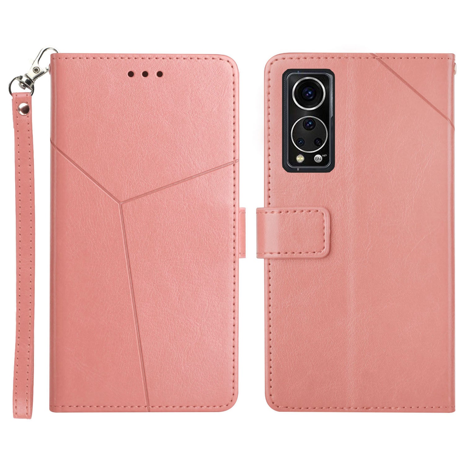 Y-shaped Lines Imprinted PU Leather Wallet Phone Case Stand Flip Protective Cover with Strap for ZTE Axon 30 5G