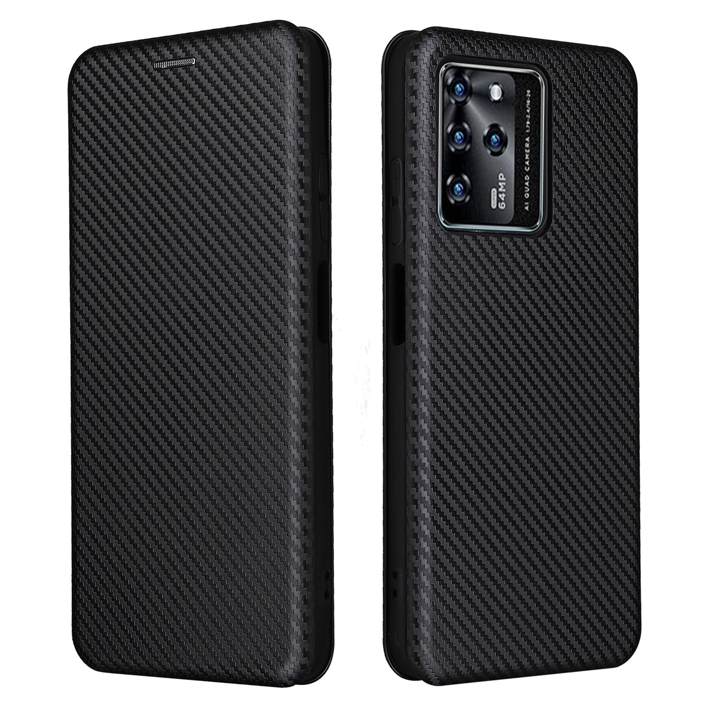 For ZTE Blade V30 Carbon Fiber Texture Anti-fingerprint Auto-absorbed Magnetic Closure Leather Stand Phone Case Shell