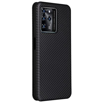 For ZTE Blade V30 Carbon Fiber Texture Anti-fingerprint Auto-absorbed Magnetic Closure Leather Stand Phone Case Shell