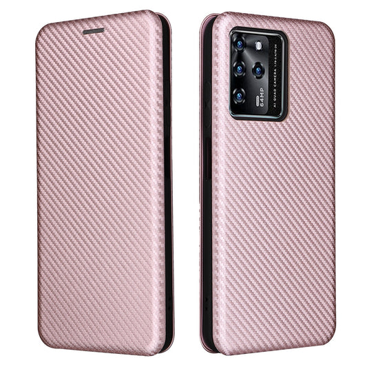 For ZTE Blade V30 Carbon Fiber Texture Anti-fingerprint Auto-absorbed Magnetic Closure Leather Stand Phone Case Shell