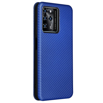 For ZTE Blade V30 Carbon Fiber Texture Anti-fingerprint Auto-absorbed Magnetic Closure Leather Stand Phone Case Shell