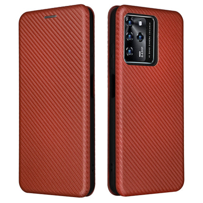 For ZTE Blade V30 Carbon Fiber Texture Anti-fingerprint Auto-absorbed Magnetic Closure Leather Stand Phone Case Shell