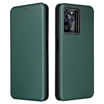 For ZTE Blade V30 Carbon Fiber Texture Anti-fingerprint Auto-absorbed Magnetic Closure Leather Stand Phone Case Shell