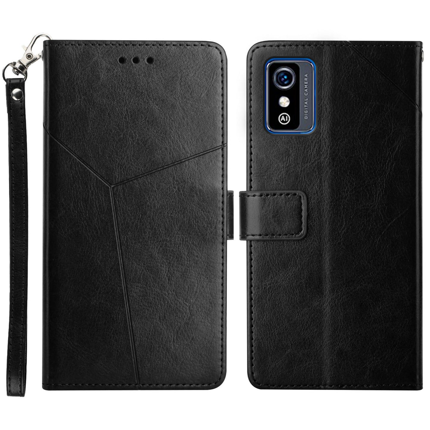 For ZTE Blade L9 Anti-fingerprint Y-shaped Lines Imprinted Handy Strap Magnetic PU Leather Stand Phone Cover with Wallet