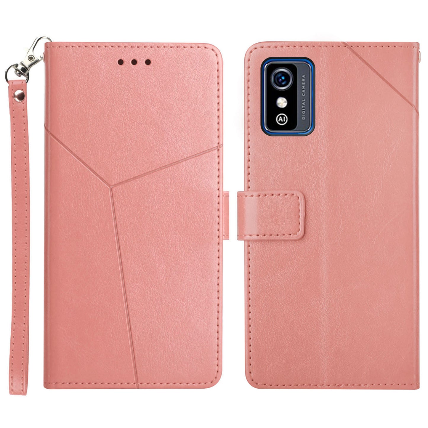 For ZTE Blade L9 Anti-fingerprint Y-shaped Lines Imprinted Handy Strap Magnetic PU Leather Stand Phone Cover with Wallet