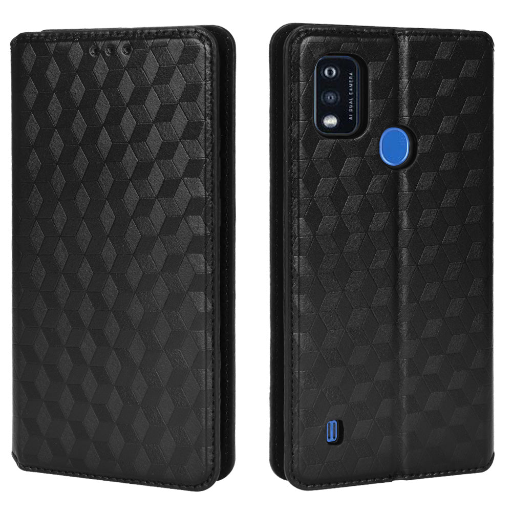 PU Leather Imprinting 3D Rhombus Phone Case Magnetic Auto-absorbed Protective Cover with Stand Wallet for ZTE Blade A51/Telstra Essential Pro 3