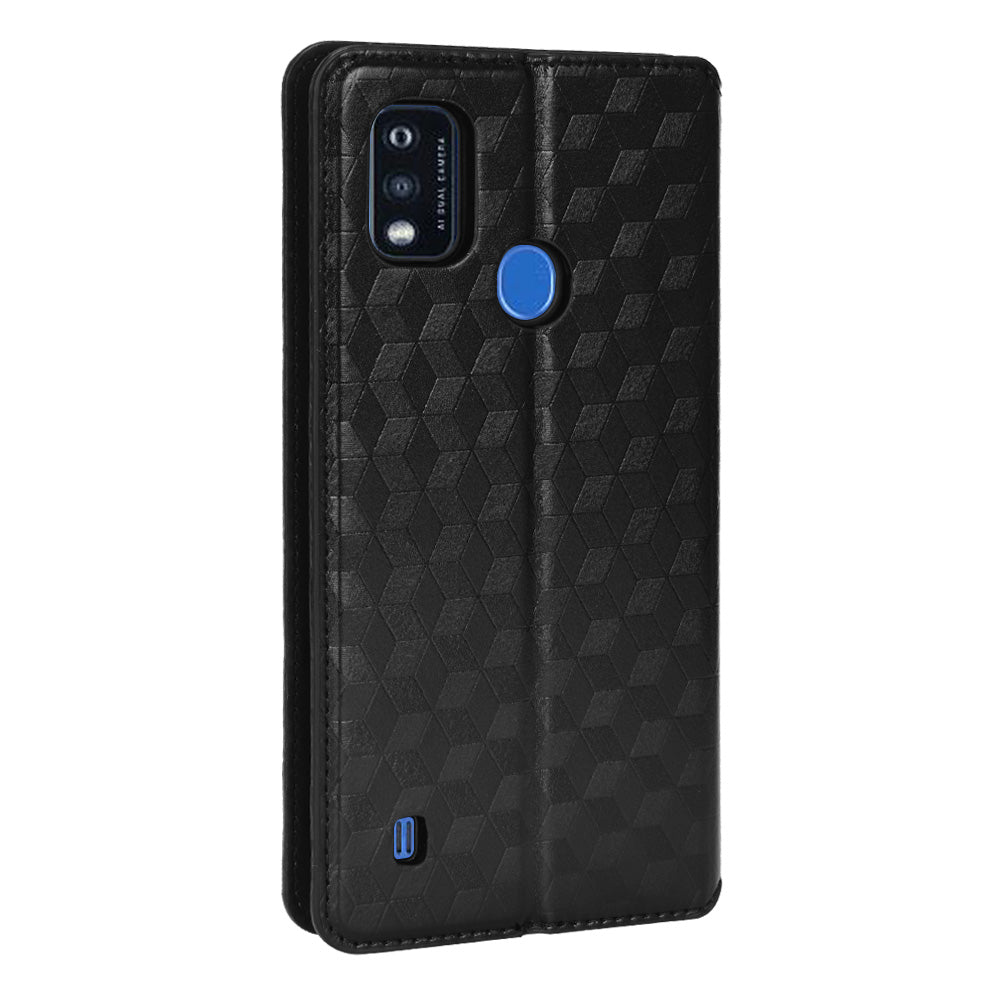 PU Leather Imprinting 3D Rhombus Phone Case Magnetic Auto-absorbed Protective Cover with Stand Wallet for ZTE Blade A51/Telstra Essential Pro 3