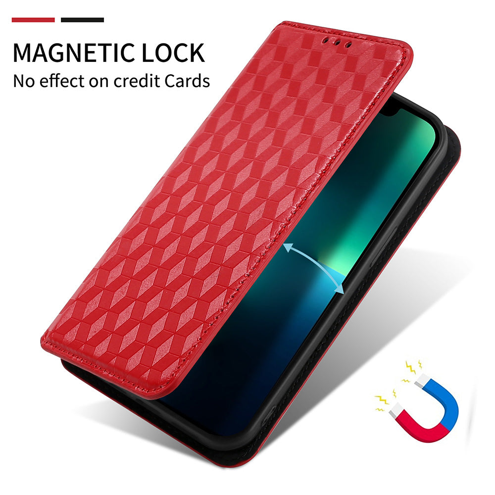 PU Leather Imprinting 3D Rhombus Phone Case Magnetic Auto-absorbed Protective Cover with Stand Wallet for ZTE Blade A51/Telstra Essential Pro 3