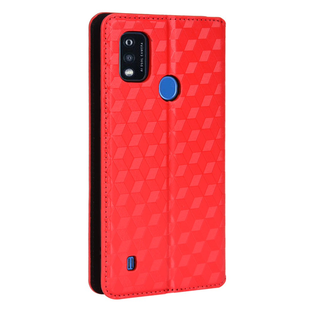 PU Leather Imprinting 3D Rhombus Phone Case Magnetic Auto-absorbed Protective Cover with Stand Wallet for ZTE Blade A51/Telstra Essential Pro 3