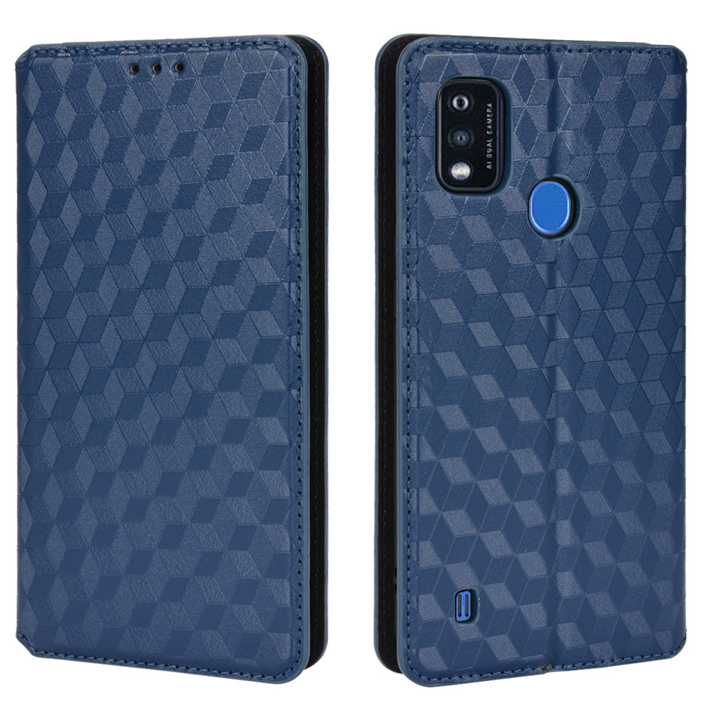 PU Leather Imprinting 3D Rhombus Phone Case Magnetic Auto-absorbed Protective Cover with Stand Wallet for ZTE Blade A51/Telstra Essential Pro 3