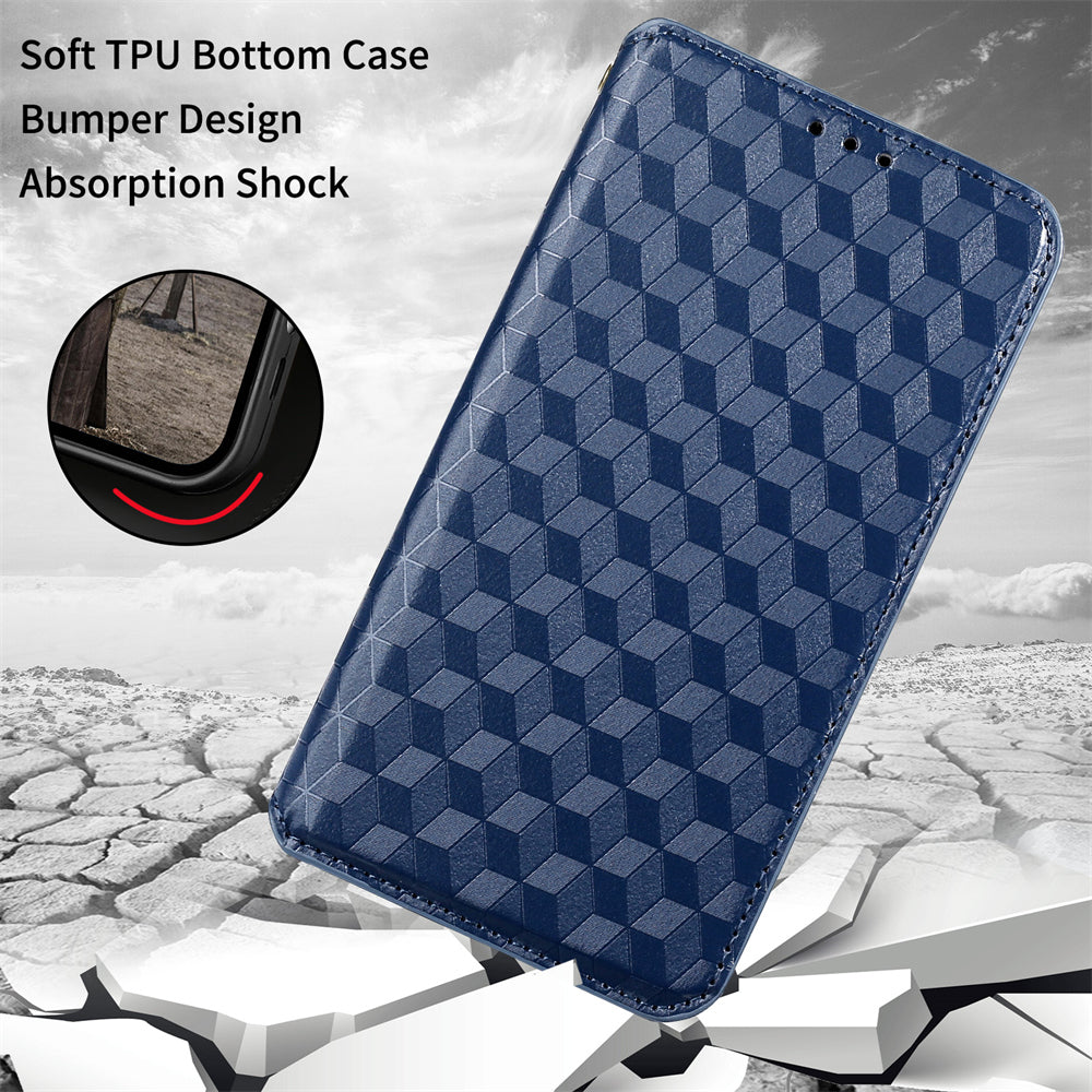 PU Leather Imprinting 3D Rhombus Phone Case Magnetic Auto-absorbed Protective Cover with Stand Wallet for ZTE Blade A51/Telstra Essential Pro 3