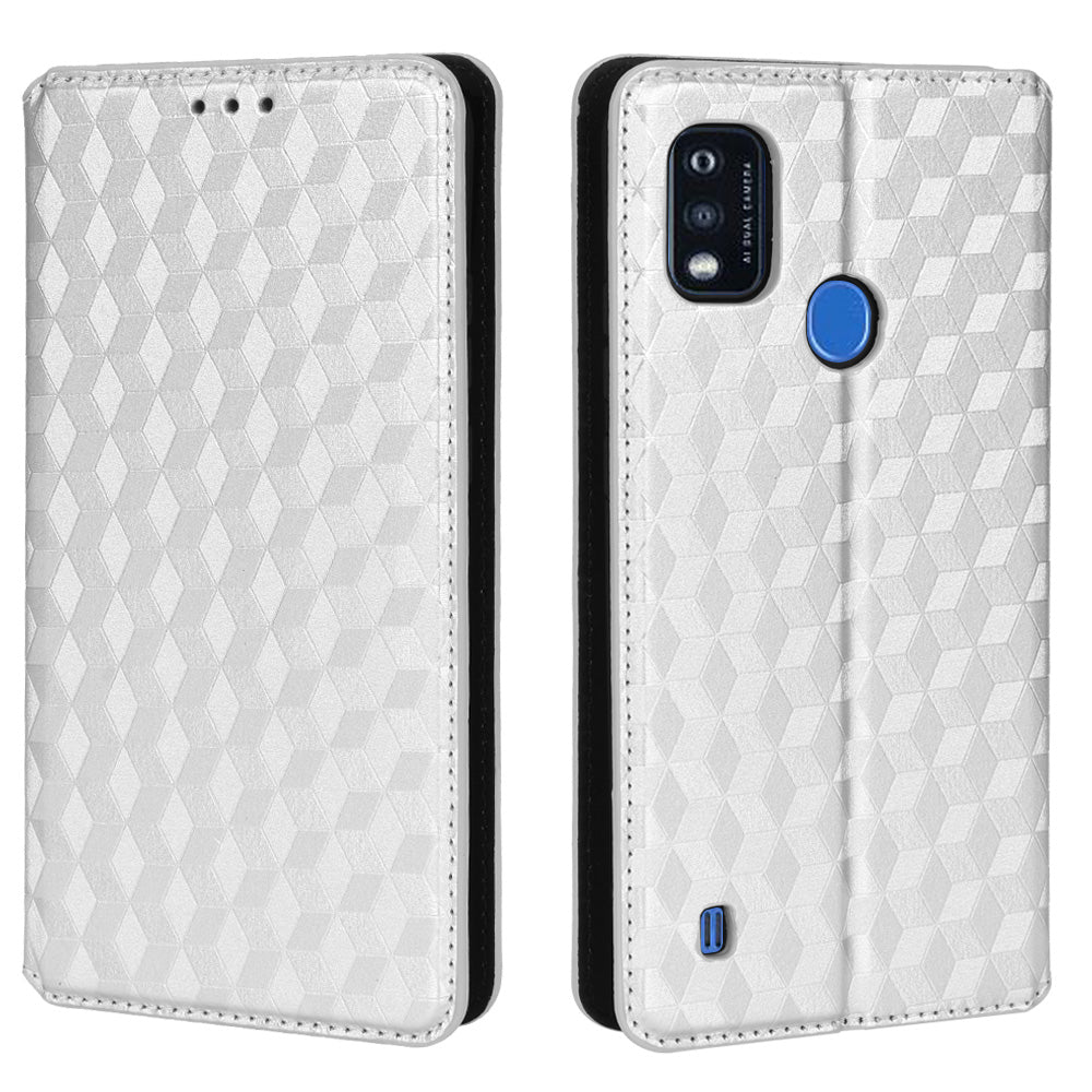 PU Leather Imprinting 3D Rhombus Phone Case Magnetic Auto-absorbed Protective Cover with Stand Wallet for ZTE Blade A51/Telstra Essential Pro 3