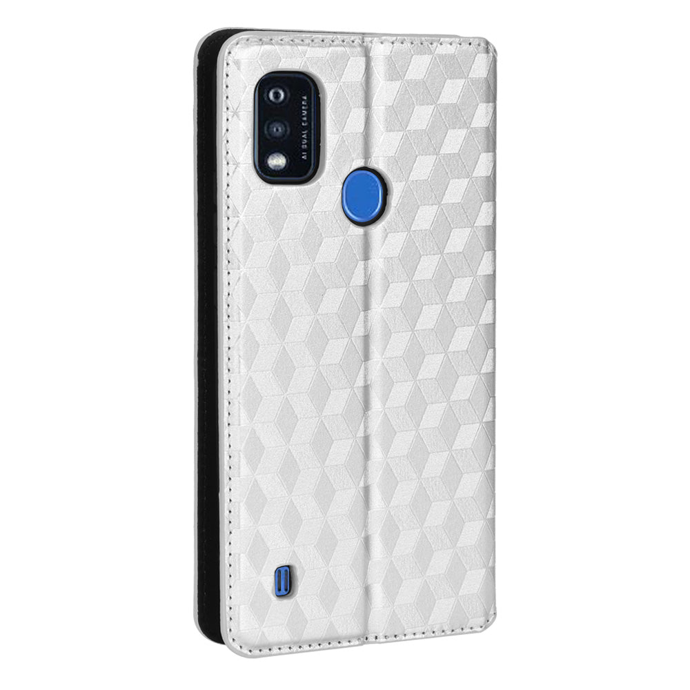 PU Leather Imprinting 3D Rhombus Phone Case Magnetic Auto-absorbed Protective Cover with Stand Wallet for ZTE Blade A51/Telstra Essential Pro 3