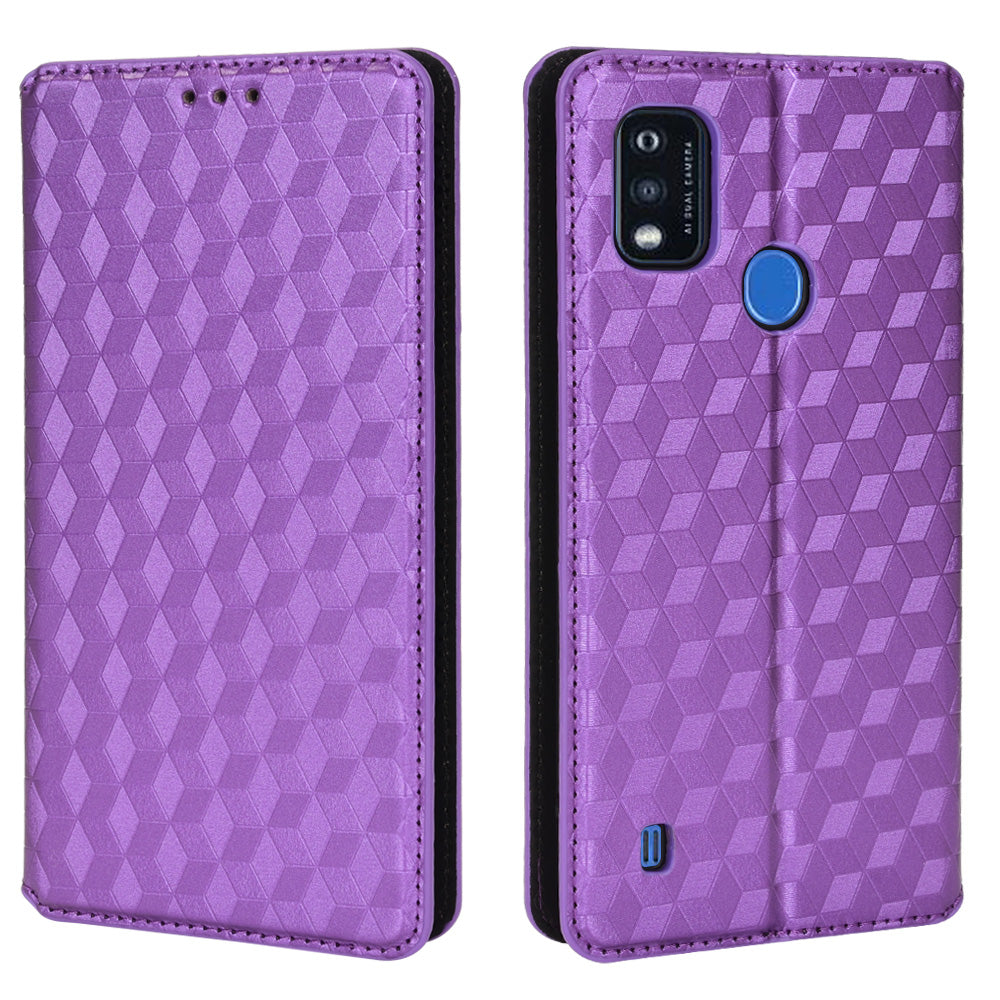 PU Leather Imprinting 3D Rhombus Phone Case Magnetic Auto-absorbed Protective Cover with Stand Wallet for ZTE Blade A51/Telstra Essential Pro 3