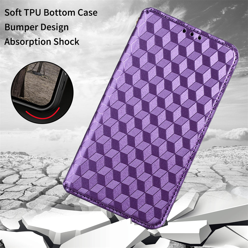 PU Leather Imprinting 3D Rhombus Phone Case Magnetic Auto-absorbed Protective Cover with Stand Wallet for ZTE Blade A51/Telstra Essential Pro 3