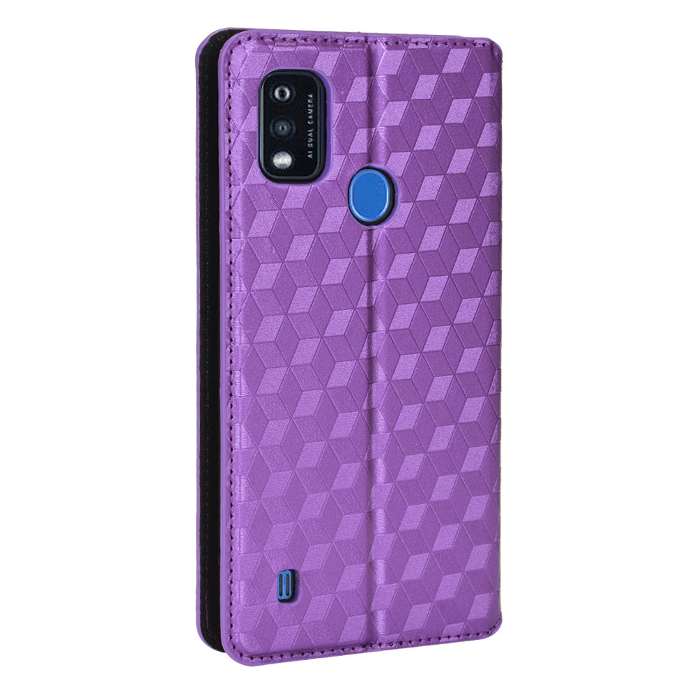 PU Leather Imprinting 3D Rhombus Phone Case Magnetic Auto-absorbed Protective Cover with Stand Wallet for ZTE Blade A51/Telstra Essential Pro 3