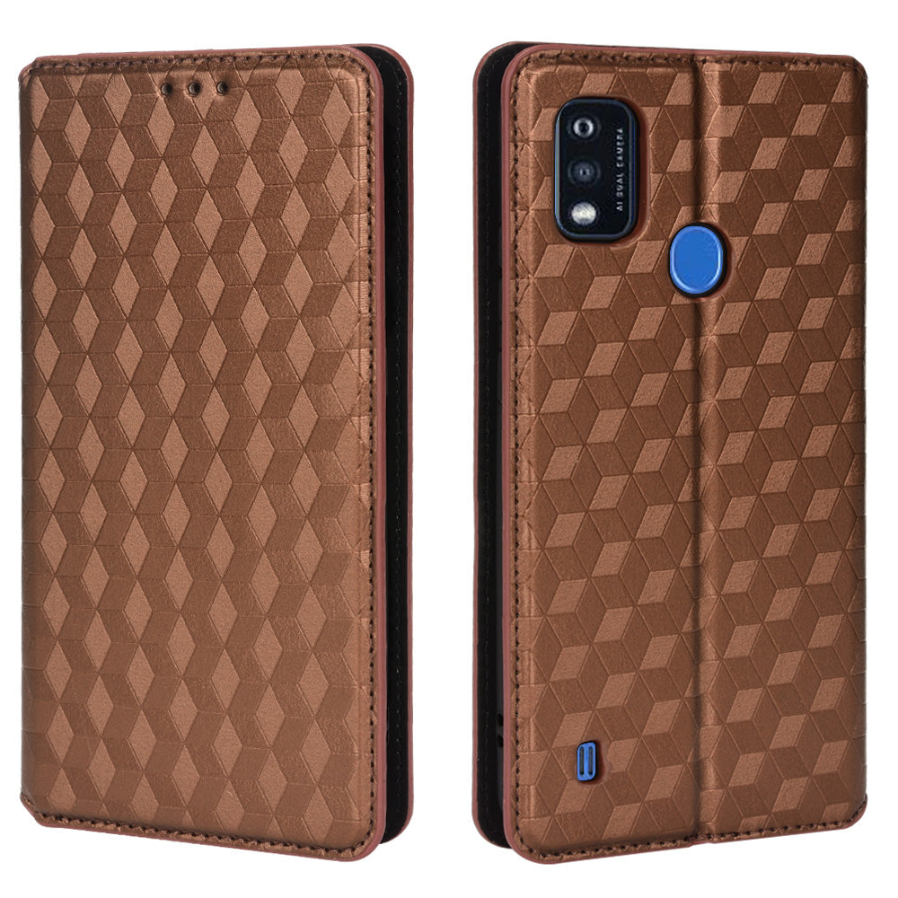 PU Leather Imprinting 3D Rhombus Phone Case Magnetic Auto-absorbed Protective Cover with Stand Wallet for ZTE Blade A51/Telstra Essential Pro 3