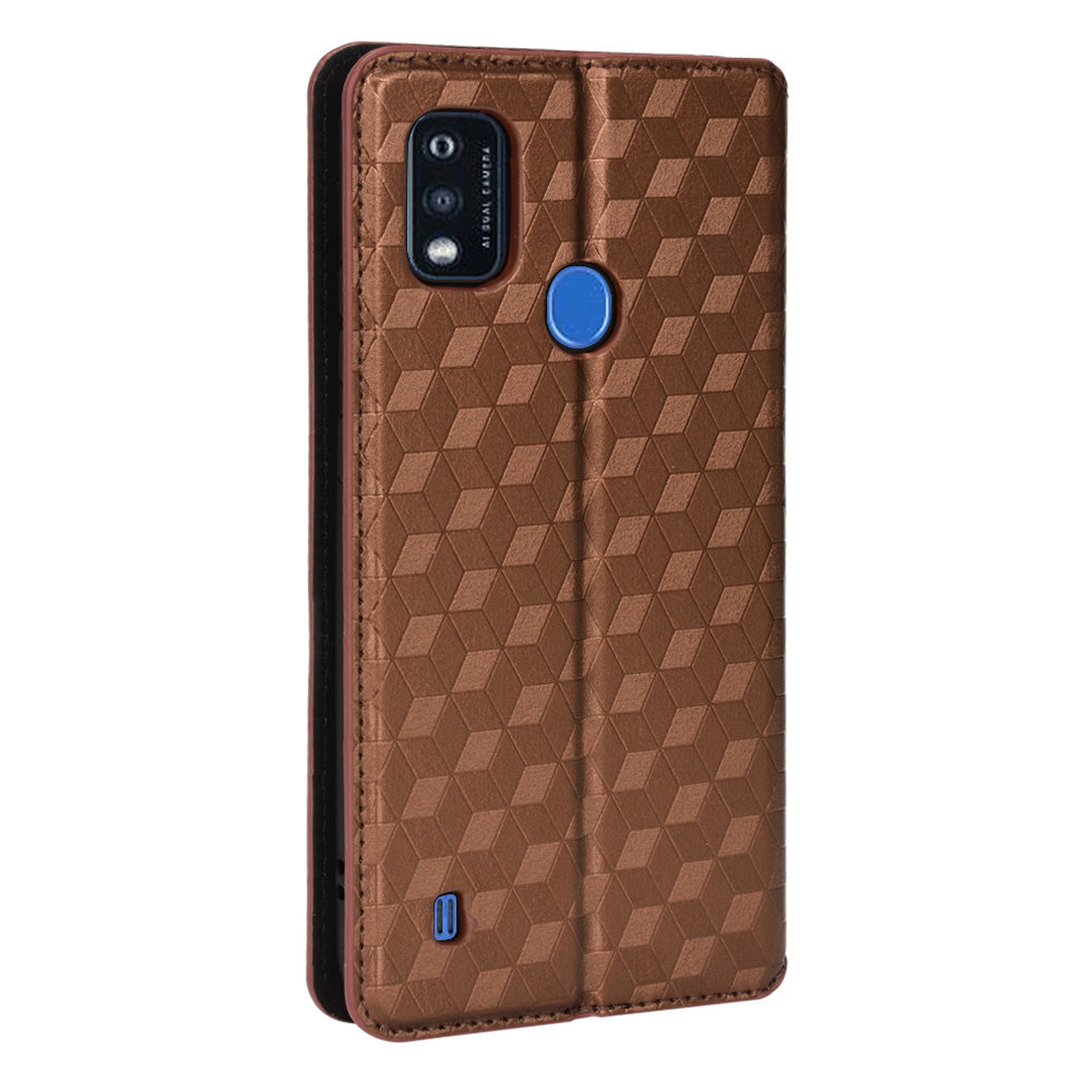 PU Leather Imprinting 3D Rhombus Phone Case Magnetic Auto-absorbed Protective Cover with Stand Wallet for ZTE Blade A51/Telstra Essential Pro 3