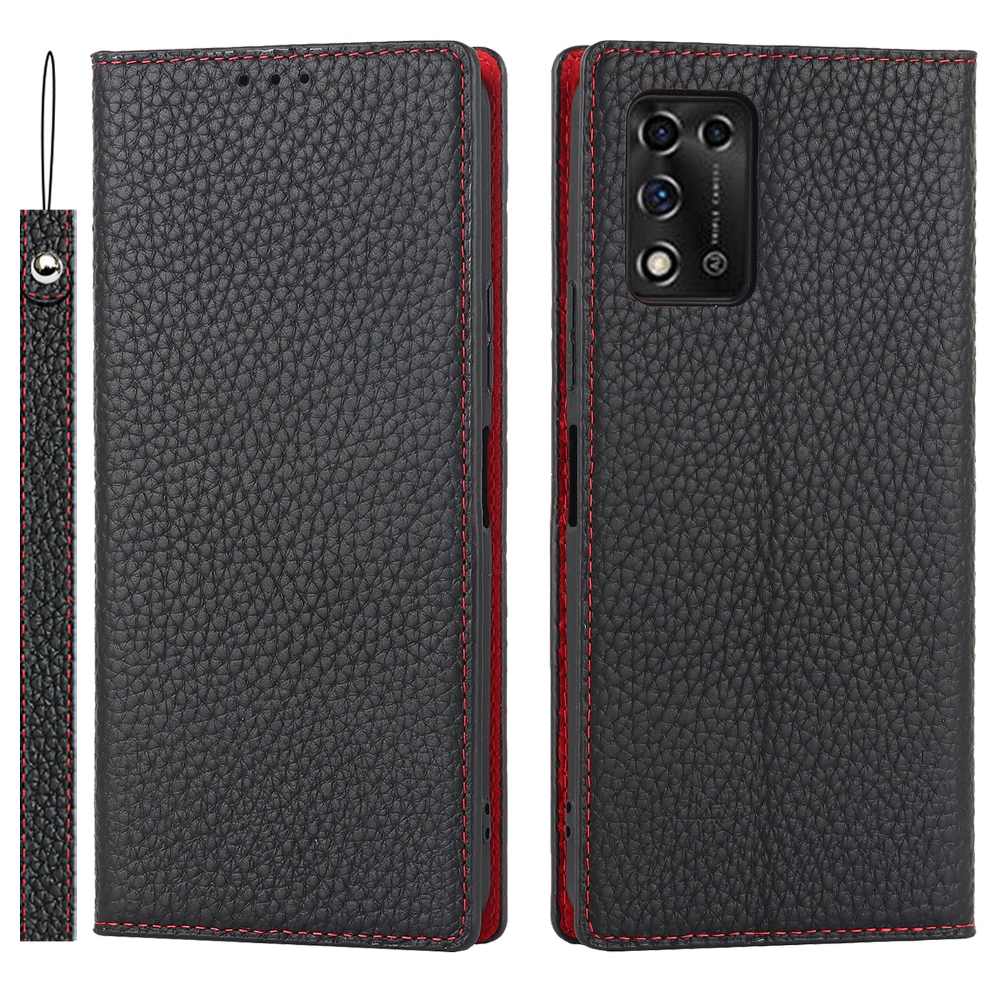 Litchi Texture Genuine Leather Case for ZTE Libero 5G II, Wallet Stand Protective Phone Cover with Hand Strap