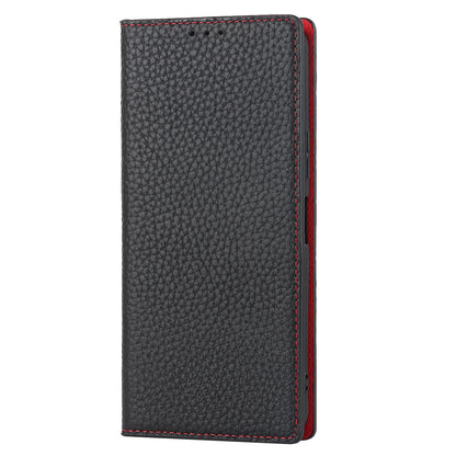 Litchi Texture Genuine Leather Case for ZTE Libero 5G II, Wallet Stand Protective Phone Cover with Hand Strap