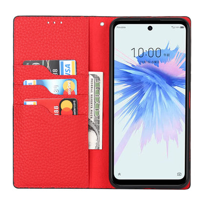 Litchi Texture Genuine Leather Case for ZTE Libero 5G II, Wallet Stand Protective Phone Cover with Hand Strap