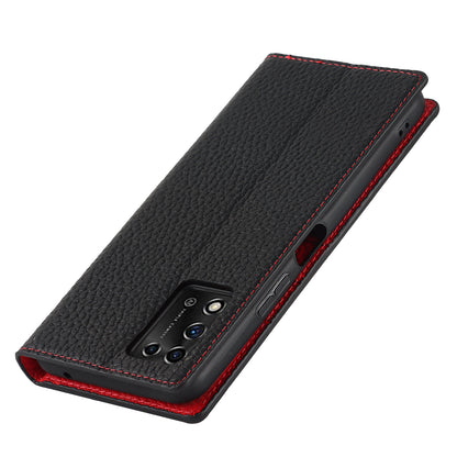 Litchi Texture Genuine Leather Case for ZTE Libero 5G II, Wallet Stand Protective Phone Cover with Hand Strap