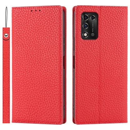 Litchi Texture Genuine Leather Case for ZTE Libero 5G II, Wallet Stand Protective Phone Cover with Hand Strap