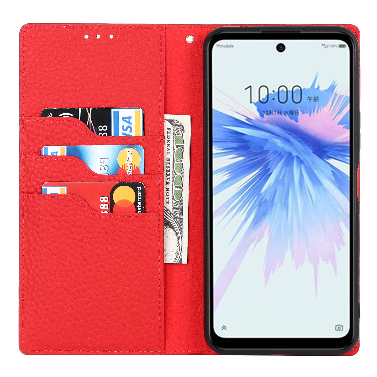 Litchi Texture Genuine Leather Case for ZTE Libero 5G II, Wallet Stand Protective Phone Cover with Hand Strap