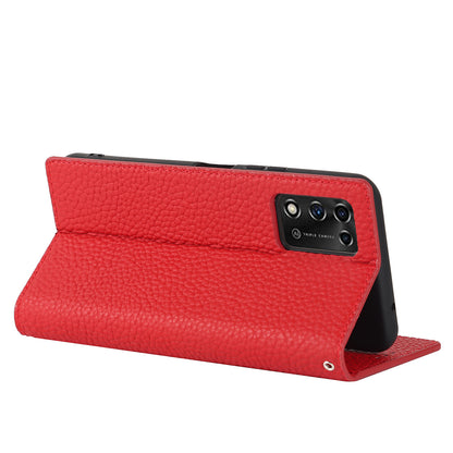 Litchi Texture Genuine Leather Case for ZTE Libero 5G II, Wallet Stand Protective Phone Cover with Hand Strap