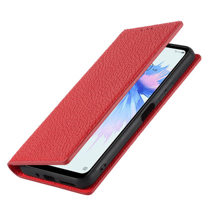 Litchi Texture Genuine Leather Case for ZTE Libero 5G II, Wallet Stand Protective Phone Cover with Hand Strap