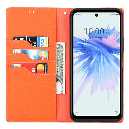 Litchi Texture Genuine Leather Case for ZTE Libero 5G II, Wallet Stand Protective Phone Cover with Hand Strap