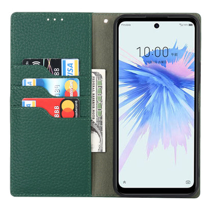 Litchi Texture Genuine Leather Case for ZTE Libero 5G II, Wallet Stand Protective Phone Cover with Hand Strap