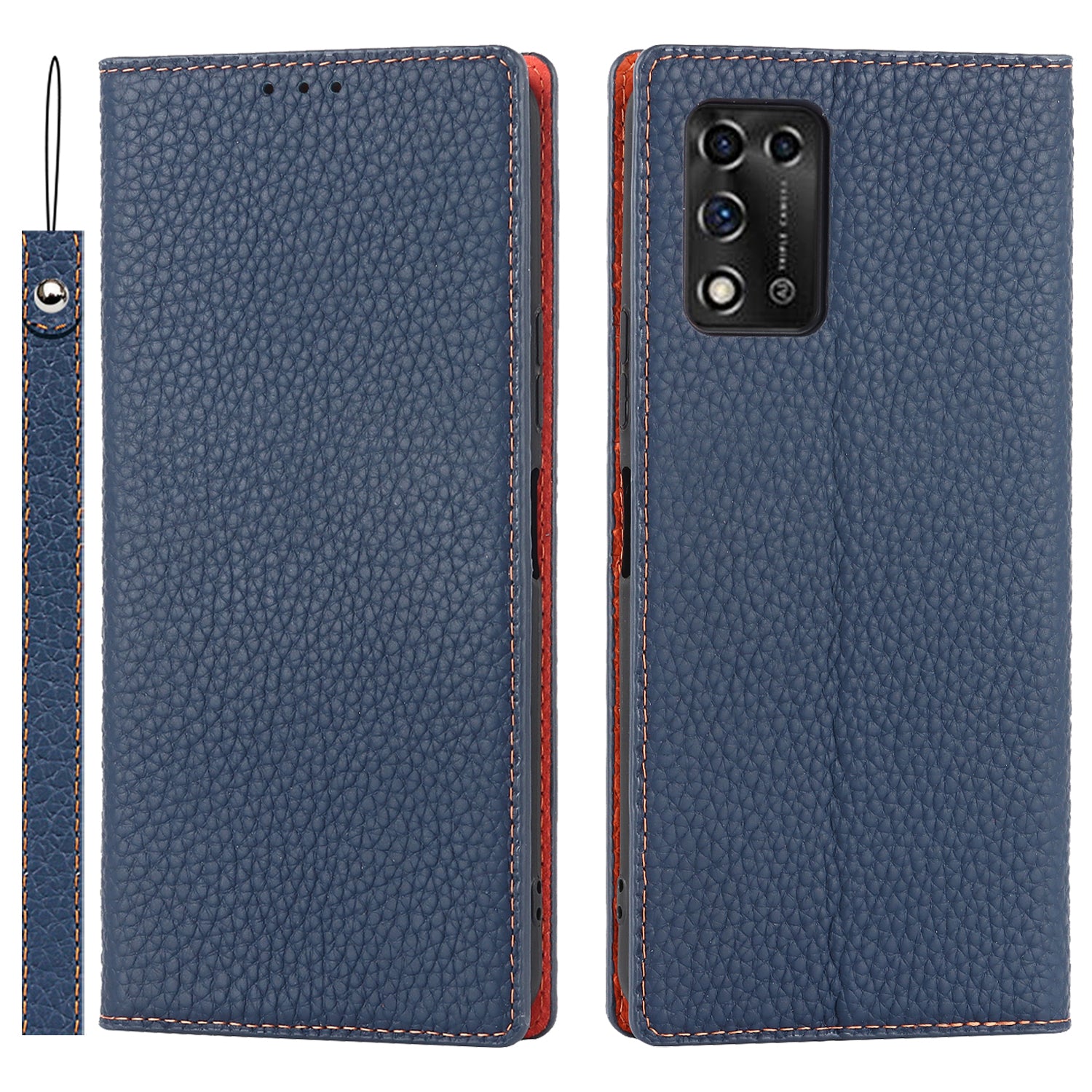 Litchi Texture Genuine Leather Case for ZTE Libero 5G II, Wallet Stand Protective Phone Cover with Hand Strap