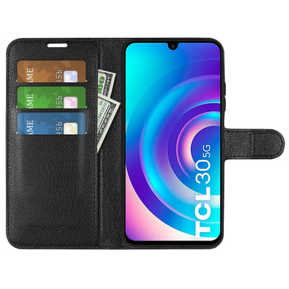 Folio Flip Litchi Skin Leather Case for TCL 30 5G, Wallet Adjustable Horizontal Stand Cover Phone Accessory