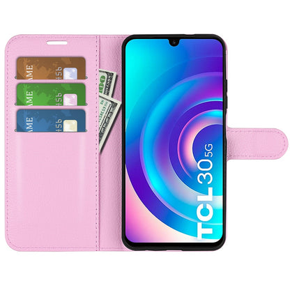 Folio Flip Litchi Skin Leather Case for TCL 30 5G, Wallet Adjustable Horizontal Stand Cover Phone Accessory