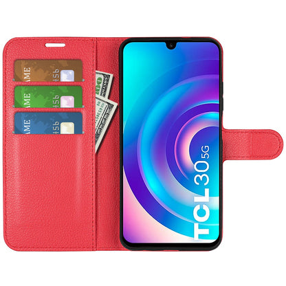 Folio Flip Litchi Skin Leather Case for TCL 30 5G, Wallet Adjustable Horizontal Stand Cover Phone Accessory