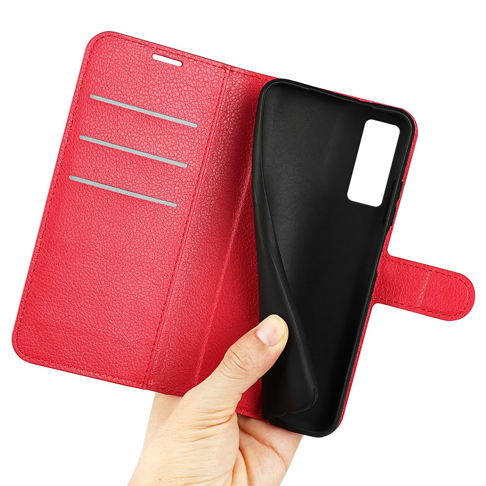 Folio Flip Litchi Skin Leather Case for TCL 30 5G, Wallet Adjustable Horizontal Stand Cover Phone Accessory