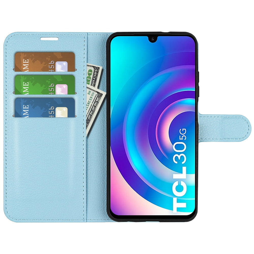 Folio Flip Litchi Skin Leather Case for TCL 30 5G, Wallet Adjustable Horizontal Stand Cover Phone Accessory